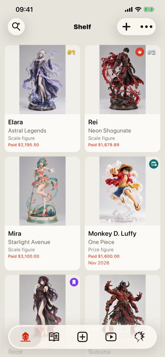 AFT on iPhone showing figure photos, names, purchase prices, and ownership status in a sample collection.