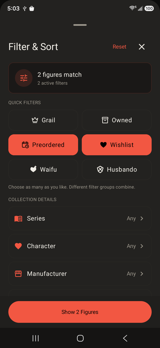 AFT wishlist screen displaying sample figures saved for later.